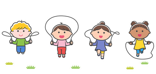 一緒になわとびを子どもたち（人種いろいろ） / 線あり