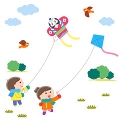 凧あげをする子どもたち・風景 / 輪郭線なし