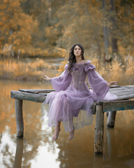 Dark-haired girl in a pink ball gown dress on the bridge in the autumn forest