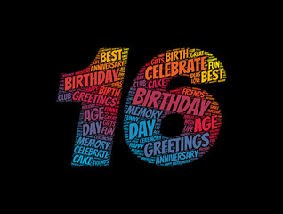 Happy 16th birthday word cloud, holiday concept background