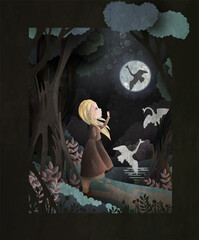 Book Cover The Wild Swans Fairytale Vector Illustration. Little girl looking at her brothers turned into swans and flying away.
