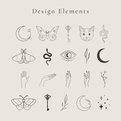 Fototapeta premium Collection of vector abstract spiritual line drawing logo design elements, decorative illustrations and icons for various ocasions and purposes. Trendy lineart style