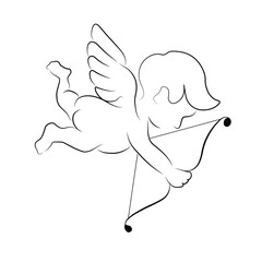 Cupid with bow and arrow isolated on white background, love,  saint valentine's day illustration, line drawing. Hand drawn vector decorative element for invitation and decoration, postcard, banner