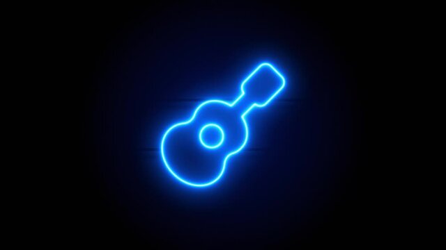 Guitar neon sign appear in center and disappear after some time. Animated blue neon symbol on black background. Looped animation.