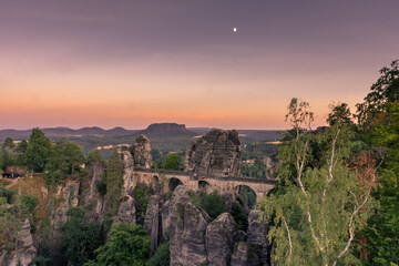 Sunset over the Bastei Bridge in Saxon Switzerland, Germany