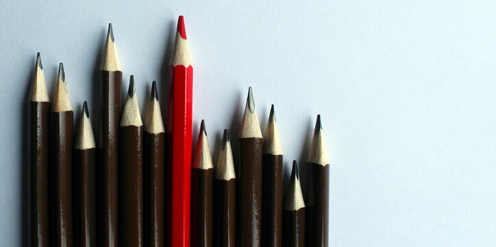 Brown simple pencils with one red pencil on white background