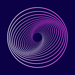 Abstract swirling symbols. Twisted wireframe tunnel. Curved blue shape. Technology glowing logo element.