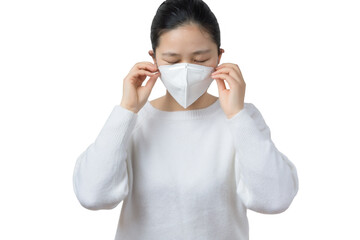 a sick girl wear mask,white background