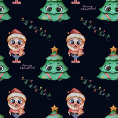 Christmas pattern. Christmas tree with face and eyes, cute Santa with a gift in his hands on a black background with decorations garlands. Watercolor. Seamless pattern. Congratulation Merry Christmas
