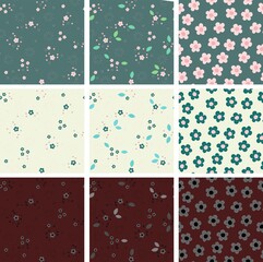 Fototapeta na wymiar Dark floral pattern set. Cute tiny flowers, leaves and abstract lines in 3 different colors. Vector background designs for fashion, fabric, wallpaper, wrapping paper.
