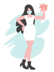 Successful recovery from COVID-19. Strong woman with her fist up is celebrating her victory. She's wearing a blue medical mask and white dress. Cute vector drawing.