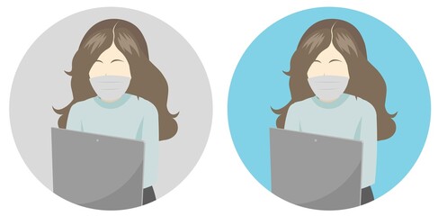 Attractive woman wearing a mask is using her computer to learn about covid-19 symptoms. She's focused on her work. She could be a medical worker or researcher.