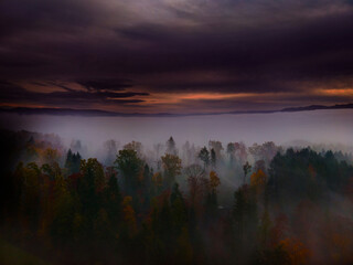 Panoramic foggy landscape with mountains in morning. Landscape