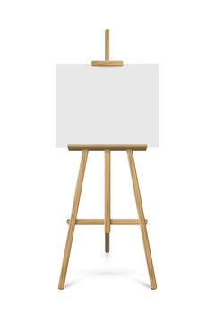 Easel with white horizontal paper sheet. Vector realistic design element isolated on white background.
