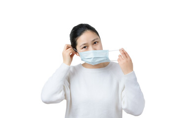a sick girl wear mask,white background