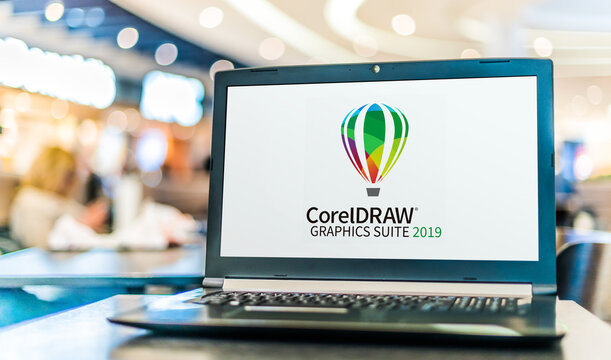 Laptop computer displaying logo of  CorelDraw Graphics Suite