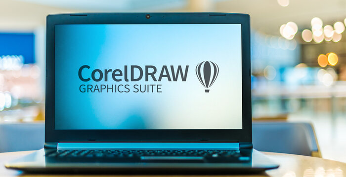 Laptop computer displaying logo of  CorelDraw Graphics Suite