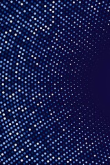 Abstract halftone circular background. Blue dot pattern on dark background. Bright vintage wallpaper vector illustration. Shining vibrant retro glow. Modern 3d art design