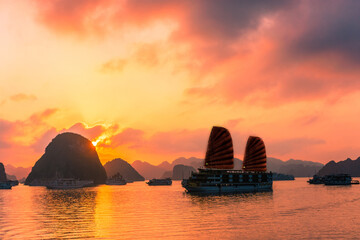 Amazing sunset over Ha Long Bay, Vietnam
