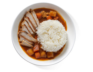 Roasted pork slices topped up Japanese curry with rice in Bird eyes view