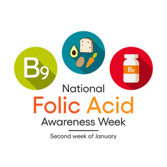 National Folic Acid Awareness Week, observed during the second week of January every year, brings much needed attention to this crucial vitamin that is especially important to women. vector graphics.