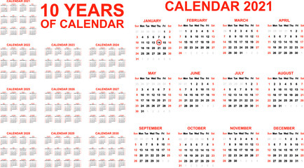 2021-2030 ten years of calendar simple red second edition