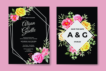 Elegant pink rose floral wedding invitation card template
