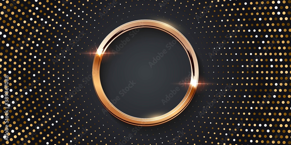 Poster golden circle on halftone background. 3d realistic modern shining template vector illustration. simp