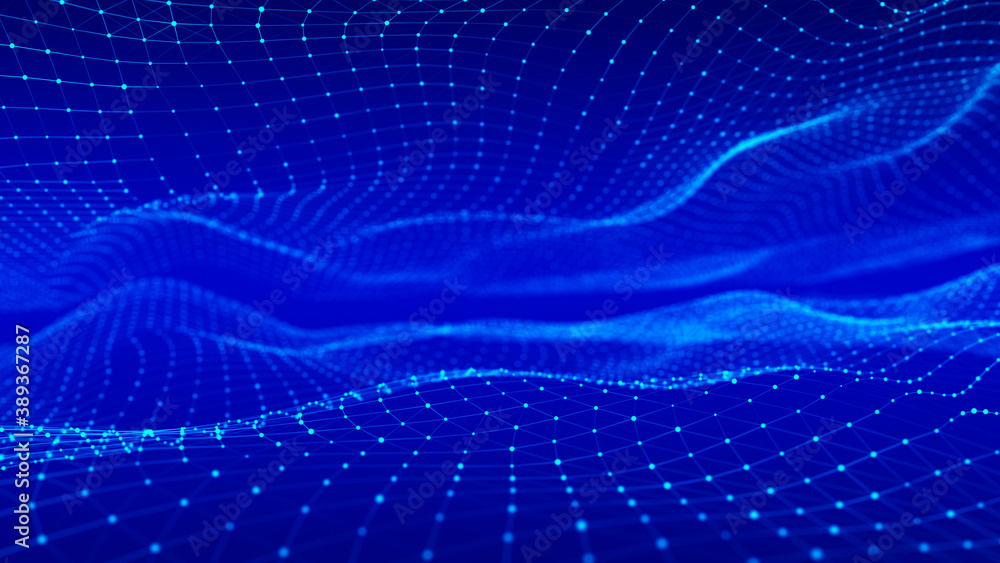  abstract dynamic double wave of points and lines. perspective grid. big data. network of particles. 