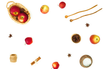 Food frame composition. Apple, sugar and cinnamon on white background