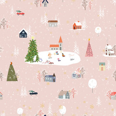 Seamless pattern Cute Christmas landscape in the town with fairy tale houses,car,polar bear playing ice skates and Christmas trees,Vector Panorama flat design in village on Christmas eve