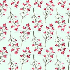 Rosehip Branch Seamless Pattern. Winter leafless Wild Rose twig with Red Berries. Hand drawn botanical background for design natural print, scrapbooking, wrapping paper, invitation, textile, fabric