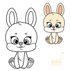 Cute cartoon toy beige soft rabbit sit on white background outlined and color for coloring book