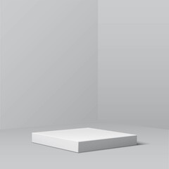Gray square podium for product. 3d pedestal in interior vector illustration. Geometric stage on floor in room. Abstract realistic place for advertising or decoration