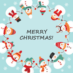 Fototapeta na wymiar Christmas card. Round dance of snowmen. Vector illustration