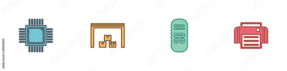 Poster set processor with microcircuits cpu, warehouse, remote control and printer icon. vector.