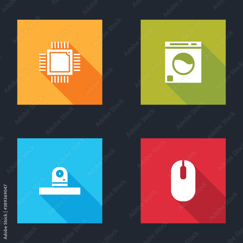 Poster set processor with microcircuits cpu, washer, security camera and computer mouse icon. vector.