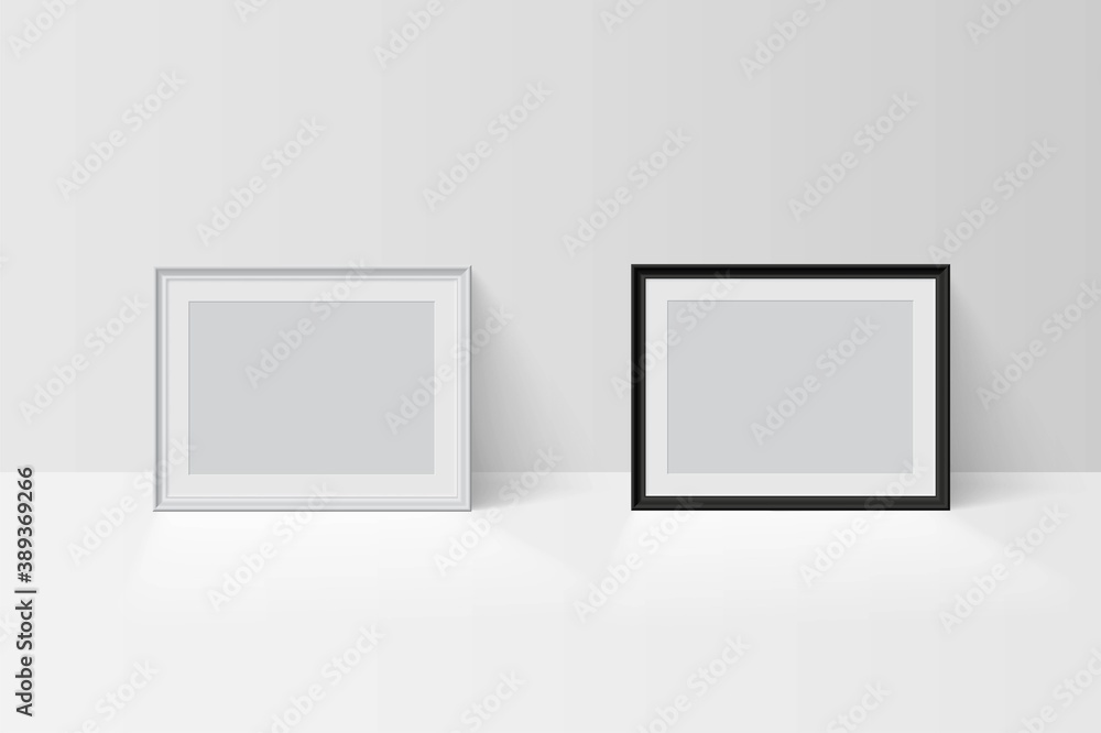 Poster realistic vector 3d empty blank black and white simple frame mockup templates isolated on light back