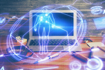 Desktop computer background and education theme drawing. Double exposure. Study concept.