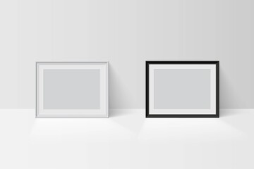 Realistic vector 3d empty blank black and white simple frame mockup templates isolated on light background. Picture or photo framing mats with border shadow. Gallery, home design interior.
