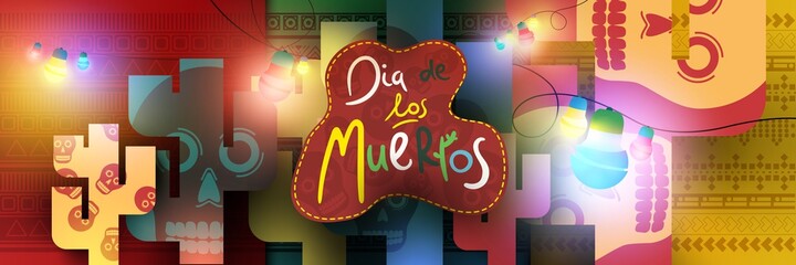 Day of the Dead background with cactuses, sculls and lighting garlands. Lettering Dia de los Muertos that means Day of the dead. Template for poster, site, social media. Vector illustration.