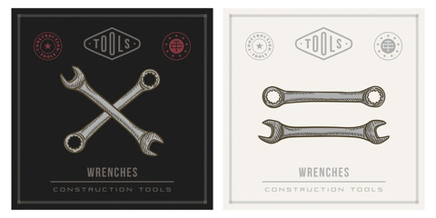 Open end and box ended wrench vintage illustration