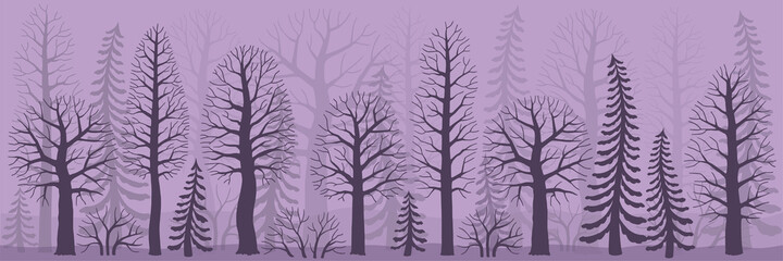 Mysterious forest in the fog. Vector silhouette trees and spruces and bushes isolated on purple background. Branches without leaves. Forest elements for design