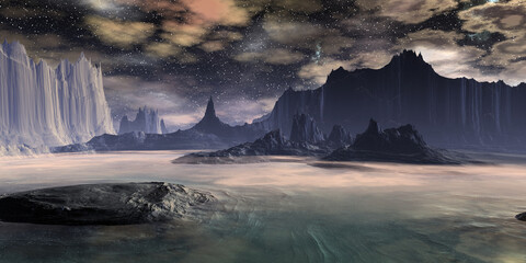 Alien Planet. Mountain and lake. 3D rendering