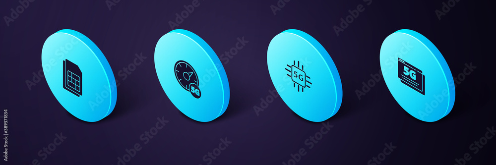 Poster set isometric 5g network, processor, digital speed meter and sim card icon. vector.