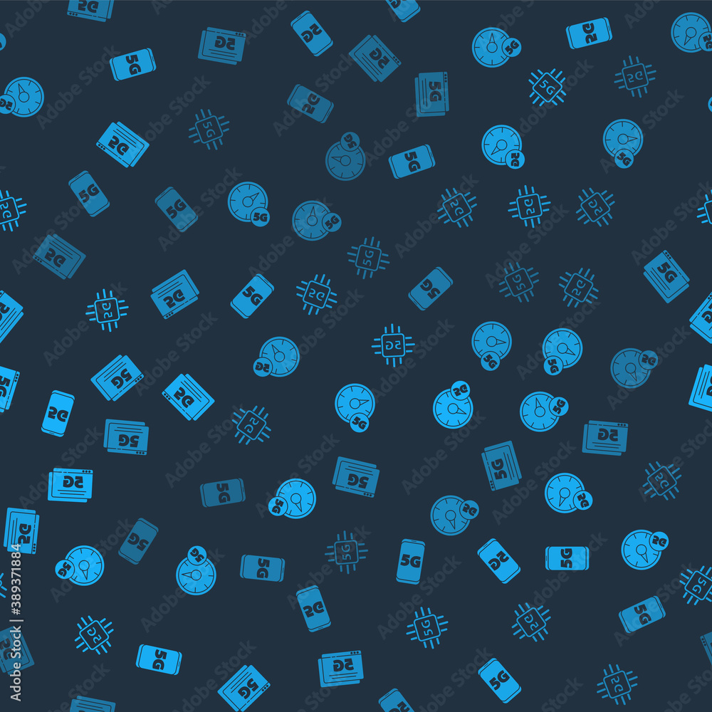 Poster set mobile with 5g network, digital speed meter, processor and on seamless pattern. vector.