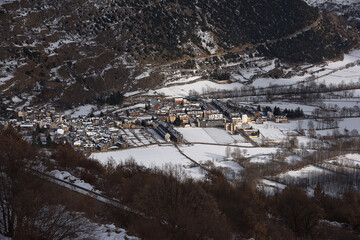 Aerial view of the town of Esterri, in the Spanish Pyrenees, Catalonia, Spain