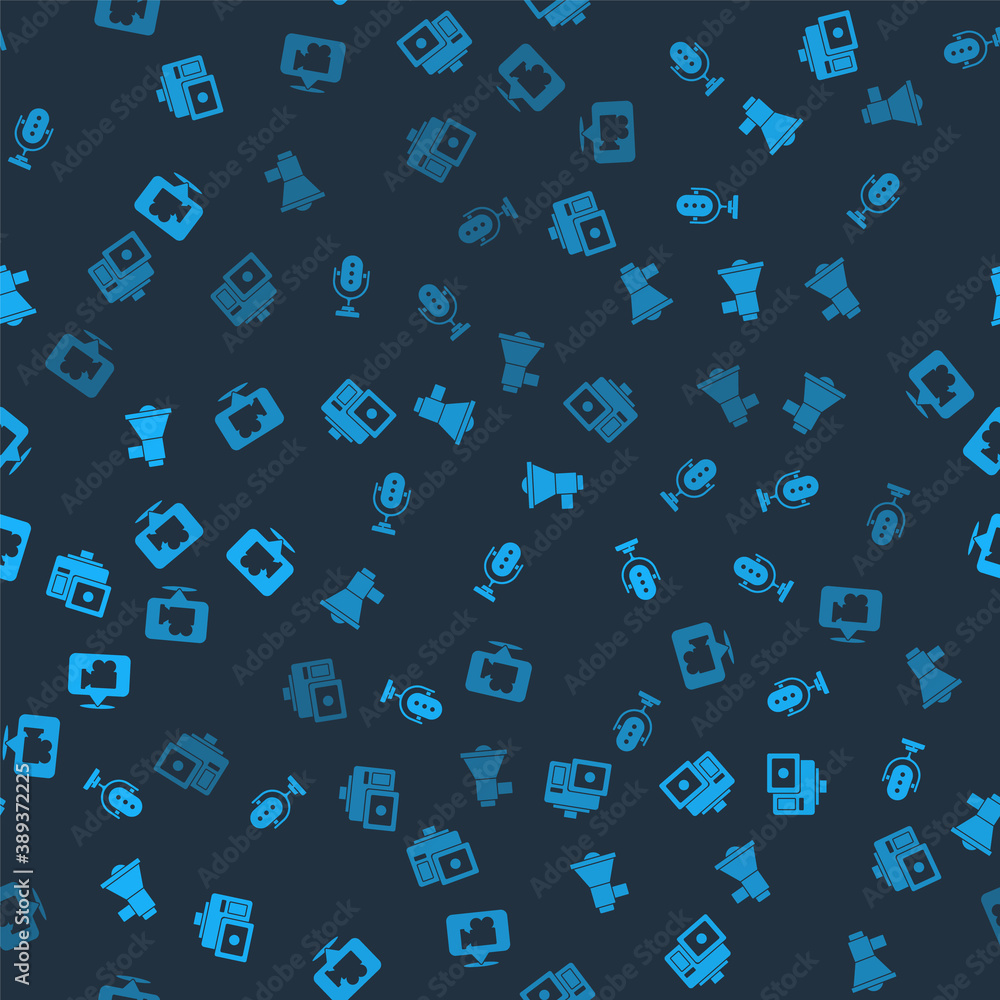 Poster set action extreme camera, microphone, megaphone and camera and location on seamless pattern. vector