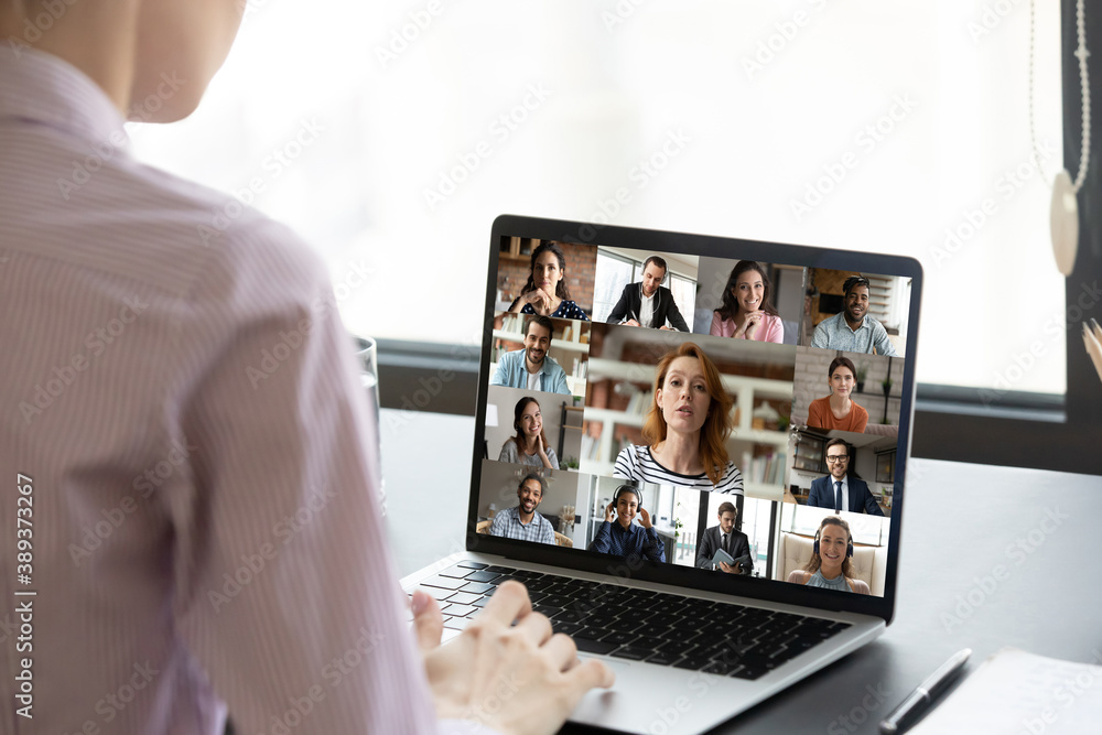 Sticker Rear view businesswoman executive engaged in conference with diverse colleagues, sitting at desk, multiracial business people on laptop screen, internet negotiations, online meeting, briefing