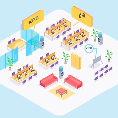 Workstation of a call center operator, office employee. Vector isometric illustration. Logo icon concept design. Work place.
Technical support, hotline, bank. training, services, business. Background